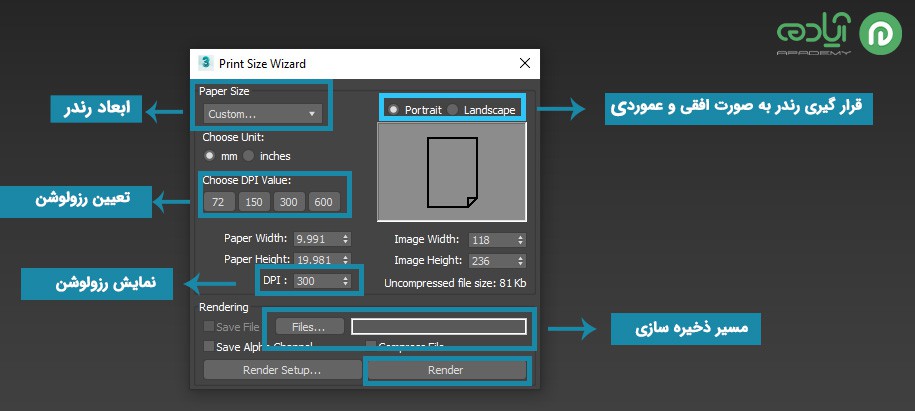 تنظیم ابعاد و رزولوشن رندر در 3Ds Max برای چاپ